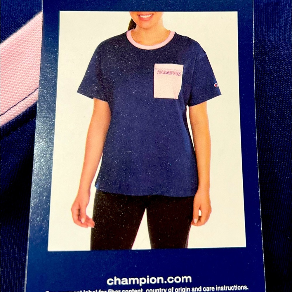 NWT Champion T-shirt, L Blue Pink Trim and Pocket Authentic Athletic wear